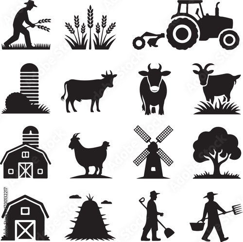 Farm and Agriculture Icons Set Silhouette Collection Keywords: farm, agriculture, tractor, farmer
