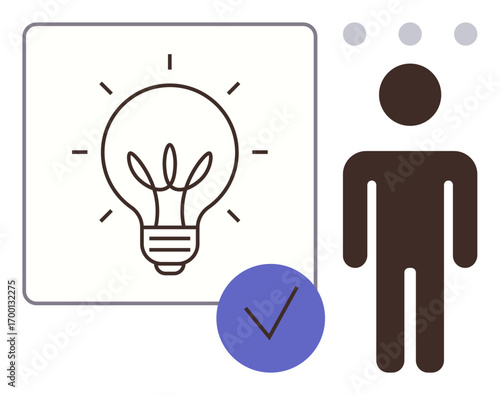 Lightbulb representing creativity next to a human figure and a checkmark symbolizing decision-making. Ideal for innovation, brainstorming, solutions, leadership, productivity, choices