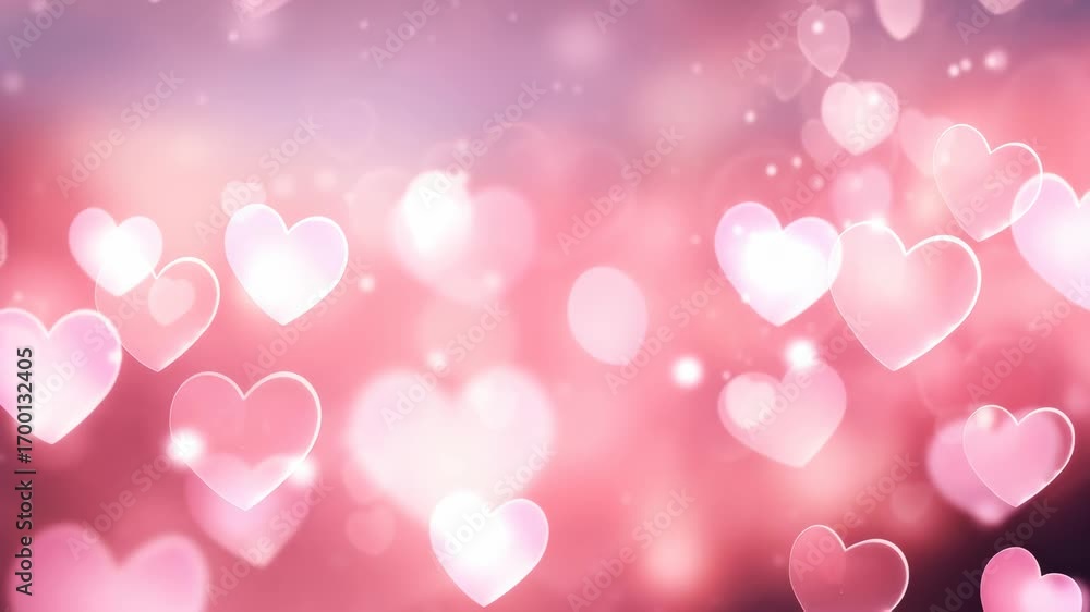 Romantic video background with a soft-focus, bokeh effect of floating pink hearts. Captured from a frontal angle, creating a dreamy atmosphere. Live desktop wallpaper.