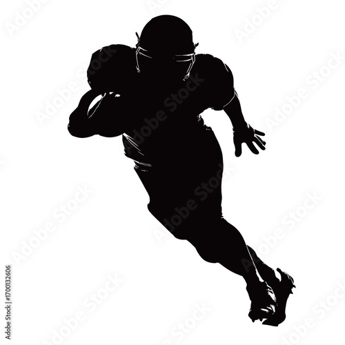A football player in a powerful running position is sprinting across the field, showcasing athleticism and intensity during a competitive match in bright daylight.