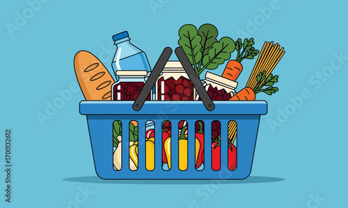 “Basket of Basics” stylized grocery illustration—colorful food items including bread, pasta, vegetables, and jars for nutrition UX, retail branding, and healthy lifestyle storytelling