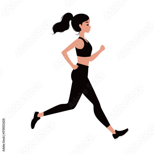 A young woman is jogging confidently, dressed in a black athletic outfit. Her ponytail flows as she runs, showcasing a determined and active lifestyle.