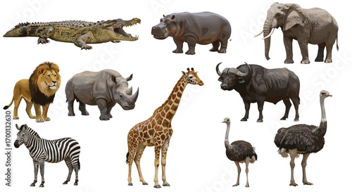 Collection of African Savannah Animals Including Elephant Lion Hippopotamus Rhinoceros Giraffe Zebra and Ostrich Isolated on White Background