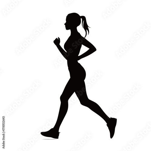 A woman is depicted in a dynamic jogging pose, highlighting her commitment to fitness and a healthy lifestyle. The silhouette captures energy and movement in a minimalist style.