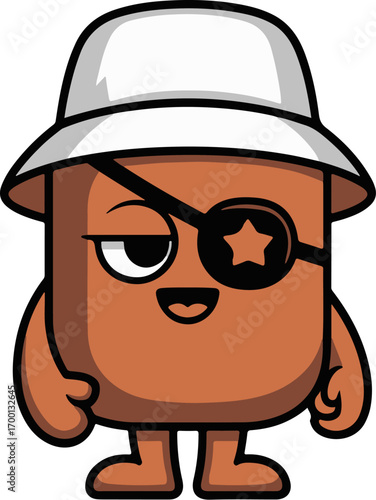 Chubby cartoon character with pirate eye patch and bucket hat adventurous spirit .eps