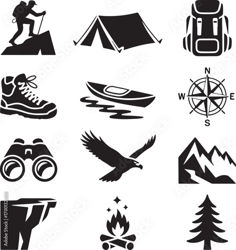 Outdoor Adventure and Camping Icons Silhouette Collection Keywords: hiking, climber, mountain, tent