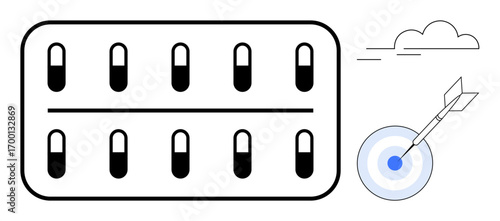 Blister pack of pills alongside a dart hitting a target, emphasizing wellness, health goals, medication efficacy, precision, treatment success, pharmaceutical innovations, and healthcare
