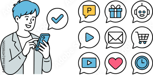 Man using smartphone interacting with app icons speech bubbles for communication and online services .eps