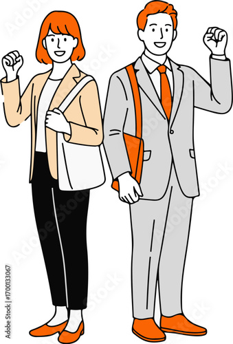 Two business professionals raised fists celebrating success and teamwork in simple line art style .eps
