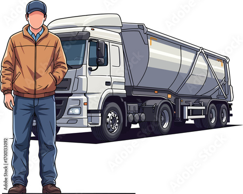 Cartoon truck driver standing next to a large white semitrailer truck.