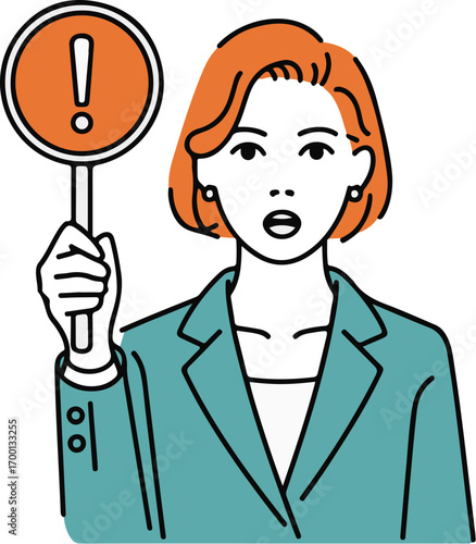 Businesswoman holding warning sign with exclamation mark expressing concern or alertness .eps