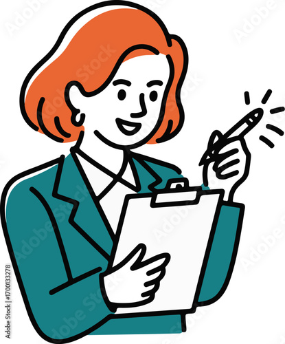 Businesswoman with short hair holding clipboard and pen writing ideas jotting notes creative thinking .eps