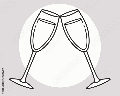 Line drawing of two champagne glasses toasting on a light grey circle flutes clinking