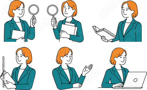 Businesswoman gestures and actions six minimalist line art poses professional person diverse scenarios .eps