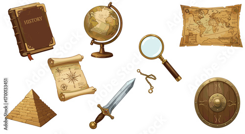Ancient History Icons Collection Featuring Pyramid Globe Old Map Magnifying Glass Sword and Shield Isolated on White Background