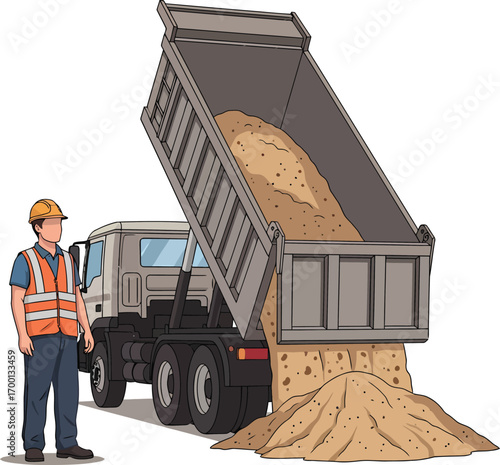 Construction worker overseeing dump truck unloading sand at a site.