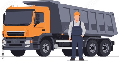 Construction worker standing next to a large dump truck.