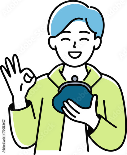 Happy person showing ok gesture holding coin purse joyful financial well-being and approval .eps