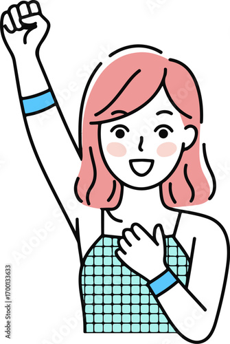 Joyful woman raising fist in victory and self-love gesture empowering female empowerment concept .eps
