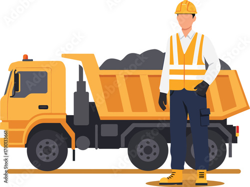 Construction worker standing next to a loaded dump truck 1.