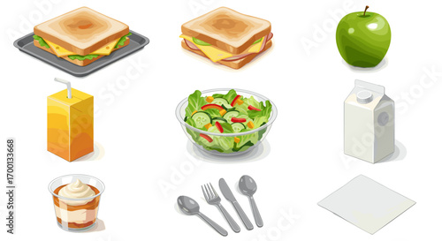Healthy School Lunch Box Ideas Featuring Sandwich Salad Juice Milk Apple and Dessert Isolated on White Background