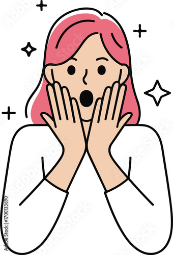Young woman surprised expression joyful shocked face emotion hands on cheeks sparkle stars .eps