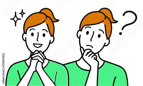 Two contrasting expressions of a young woman one happy excited and confident the other thoughtful and questioning .eps