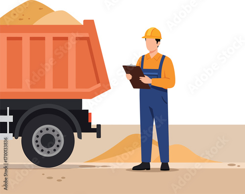Construction worker with clipboard near dump truck filled with sand.