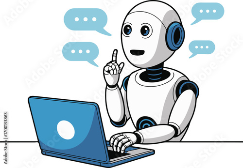 Friendly robot engages in digital communication using a laptop and chat bubbles .eps