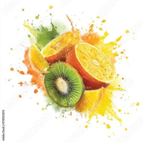 Vibrant Watercolor Illustration of Fresh Citrus Fruits Orange and Kiwi with Splashes of Color
