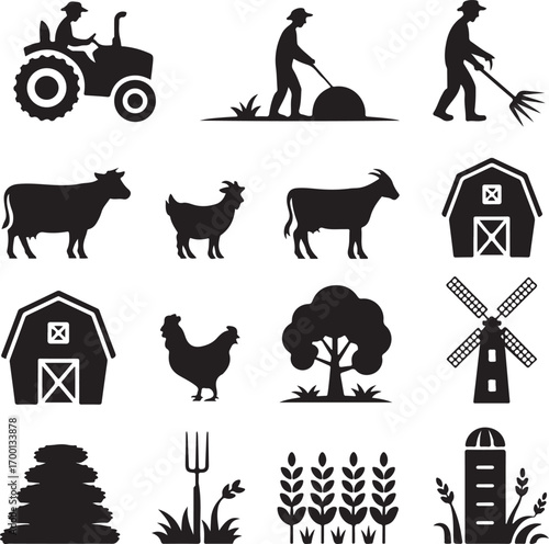Farm Life and Agriculture Icons Silhouette Collection Keywords: farmer, tractor, driving, cow