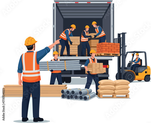 Construction workers unloading materials from a truck with a forklift.