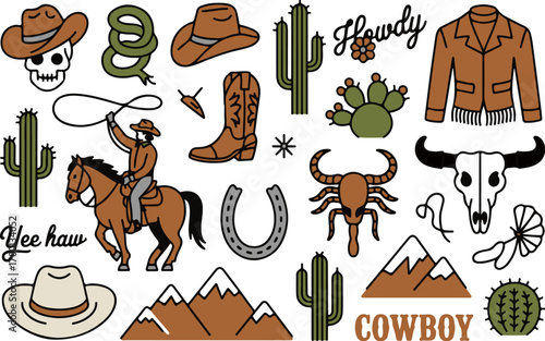 Western cowboy collection rodeo elements horse riding lasso skull cactus and bull skull graphics .eps