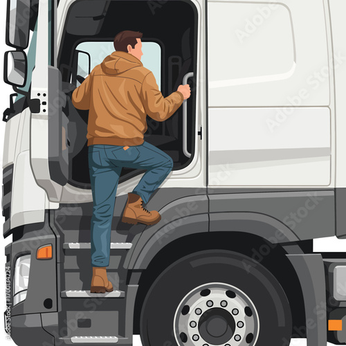 Man climbing into the cab of a white semitruck.