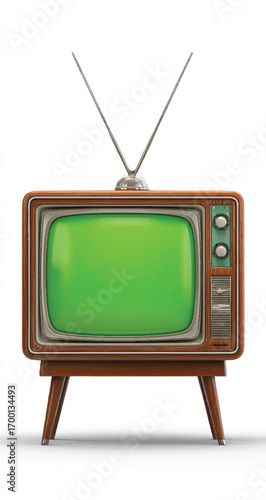 Vintage Television Set with Green Screen Display and Classic Antenna Design isolated on a White Background