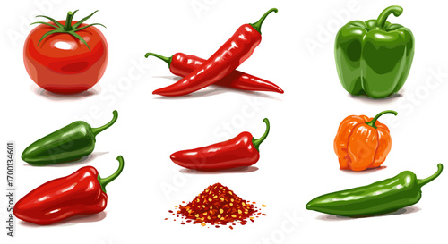 Assorted Fresh Spicy Peppers Vegetables and Tomato Isolated on White Background for Healthy Food