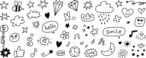 Whimsical hand-drawn doodle collection featuring cute icons and expressive elements .eps
