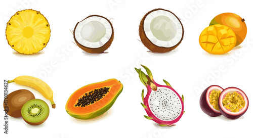 Exotic Tropical Fruits Collection Featuring Pineapple Coconut Mango Banana Kiwi Papaya Dragon Fruit Passion Fruit