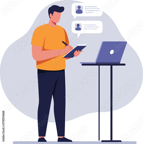 Man taking notes next to a laptop with chat bubbles.