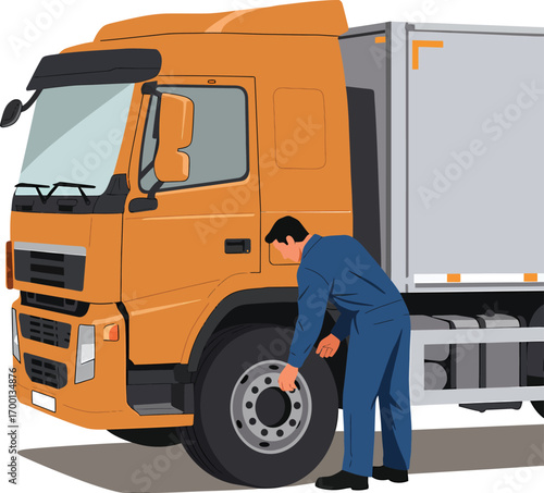 Mechanic inspecting the tire of an orange truck.