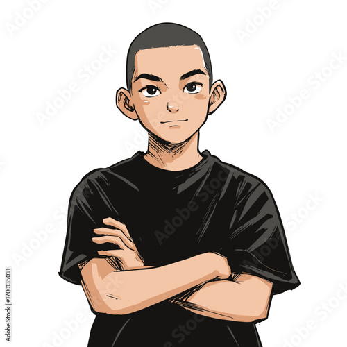 A young boy is confidently posing with his arms crossed, wearing a black shirt. His short hair and expression suggest self-assurance and determination.