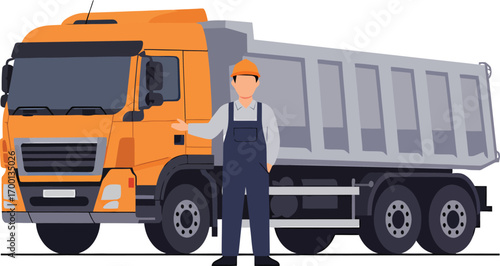 Orange Dump Truck with Construction Worker Presenting.