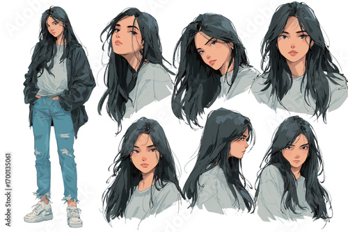 An illustrated character design showcases a young woman with long black hair, wearing a casual outfit.