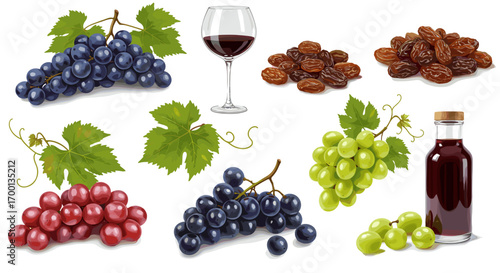 Assorted Fresh Ripe Grapes Wine Raisins and Juice Bottle Isolated on White Background Healthy Food