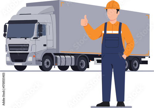 Truck driver giving thumbs up next to a large cargo truck.
