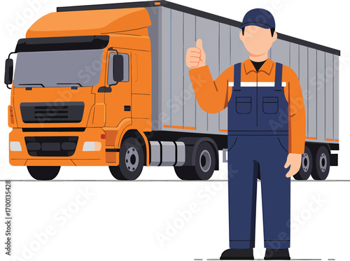 Truck driver giving thumbs up next to an orange semitrailer truck.