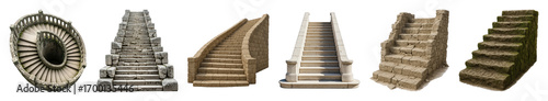 Stone stairs set including spiral, winding, straight, crumbling, block, and modern designs isolated. Architectural elements and historical assets.
