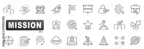 Mission outline icons illustrating vision, goal, target, strategy, roadmap, leadership, teamwork, success, milestone, checklist, rocket launch, presentation, KPI, OKR, progress