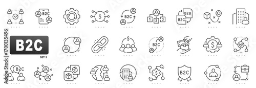 Clean B2C outline icons for ecommerce marketing: consumer targeting, conversion funnel, checkout, delivery, loyalty, analytics, CRM, mobile, global, retention, brand