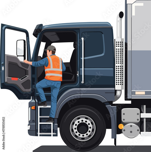 Truck driver in highvisibility vest climbing into semitruck cab.